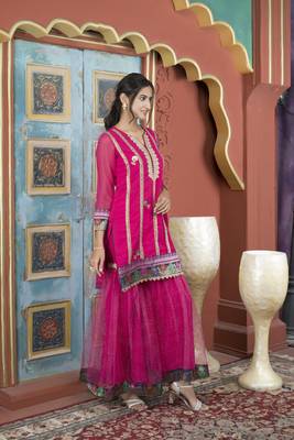 Nikhaar pink embroidered georgette straight cut kurta & sharara set 4