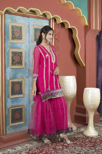 Nikhaar pink embroidered georgette straight cut kurta & sharara set