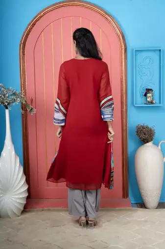 Nikhaar maroon embroidered georgette anarkali kurta & palazzo set