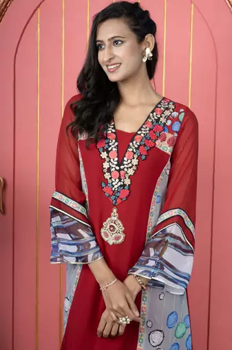 Nikhaar maroon embroidered georgette anarkali kurta & palazzo set