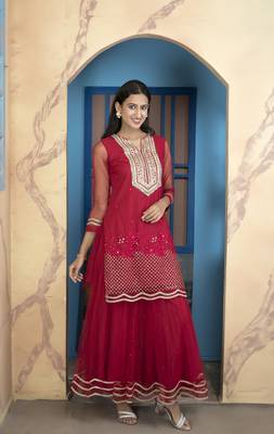 Nikhaar pink embroidered net straight cut kurta & sharara set 1
