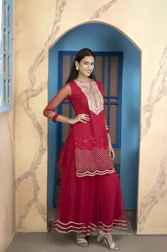 Nikhaar pink embroidered net straight cut kurta & sharara set