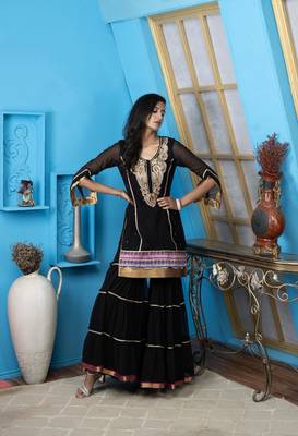 Nikhaar black embroidered georgette straight cut kurta & sharara set 1