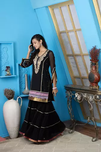 Nikhaar black embroidered georgette straight cut kurta & sharara set