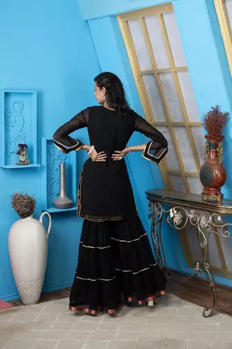 Nikhaar black embroidered georgette straight cut kurta & sharara set