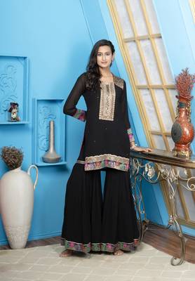 Nikhaar black embroidered georgette straight cut kurta & sharara set 1