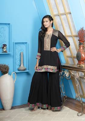 Nikhaar black embroidered georgette straight cut kurta & sharara set 3