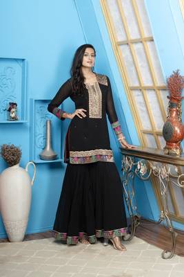 Nikhaar black embroidered georgette straight cut kurta & sharara set 4