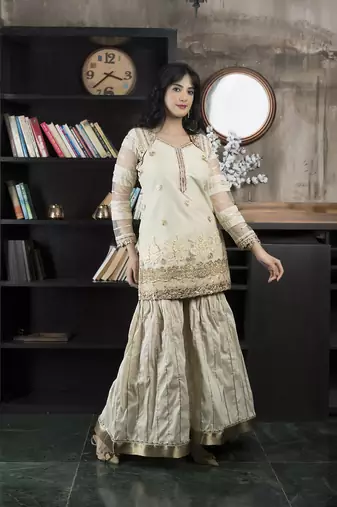 Nikhaar beige embroidered net straight cut kurta & sharara set