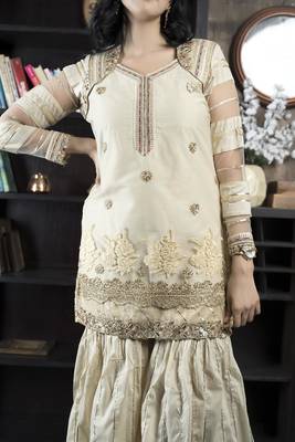 Nikhaar beige embroidered net straight cut kurta & sharara set 6