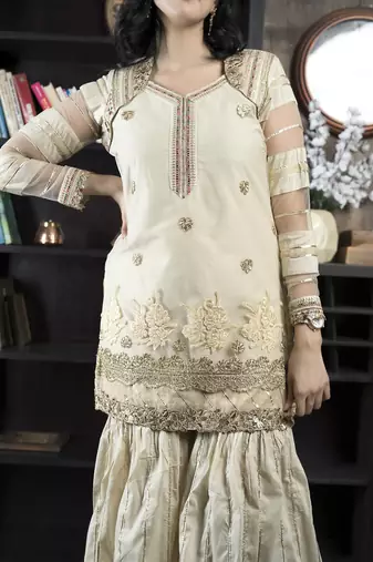 Nikhaar beige embroidered net straight cut kurta & sharara set