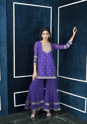 Nikhaar purple embroidered art silk straight cut kurta & sharara set 1