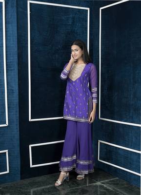 Nikhaar purple embroidered art silk straight cut kurta & sharara set 3