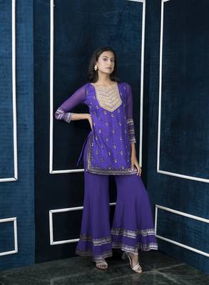 Nikhaar purple embroidered art silk straight cut kurta & sharara set 4