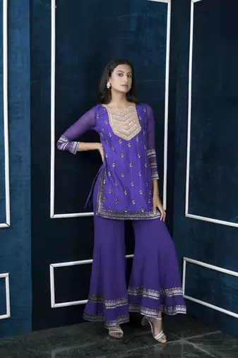 Nikhaar purple embroidered art silk straight cut kurta & sharara set