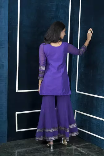 Nikhaar purple embroidered art silk straight cut kurta & sharara set