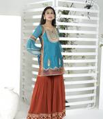 Nikhaar blue embroidered art silk straight cut kurta & sharara set