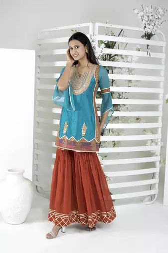 Nikhaar blue embroidered art silk straight cut kurta & sharara set