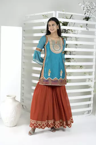 Nikhaar blue embroidered art silk straight cut kurta & sharara set