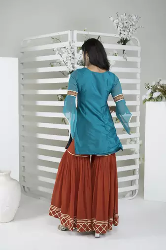 Nikhaar blue embroidered art silk straight cut kurta & sharara set