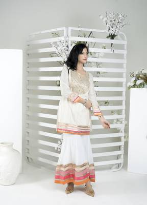 Nikhaar off-white embroidered art silk straight cut kurta & sharara  set 4
