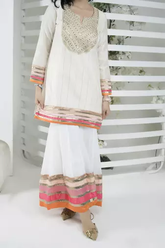 Nikhaar off-white embroidered art silk straight cut kurta & sharara  set