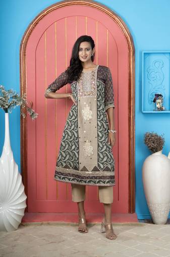 Nikhaar green embroidered silk anarkali kurta & pants set