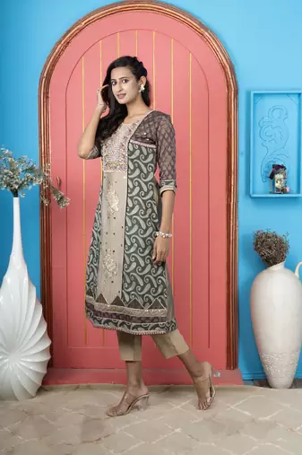 Nikhaar green embroidered silk anarkali kurta & pants set