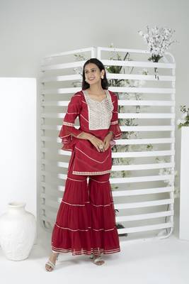 Nikhaar maroon embroidered cotton straight cut kurta & sharara set 1