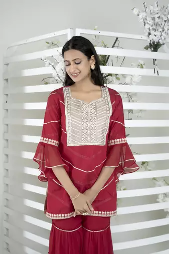 Nikhaar maroon embroidered cotton straight cut kurta & sharara set