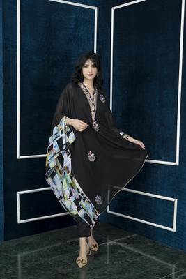Nikhaar black embroidered georgette asymmetrical kurta & pants set 1