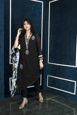 Nikhaar black embroidered georgette asymmetrical kurta & pants set 2