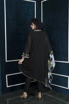 Nikhaar black embroidered georgette asymmetrical kurta & pants set 4