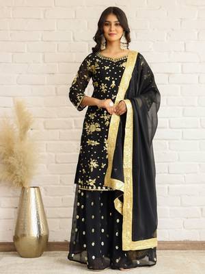 Elegant Black and Gold Embroidered Sharara Suit for Eid - Festive Designer Outfit 1