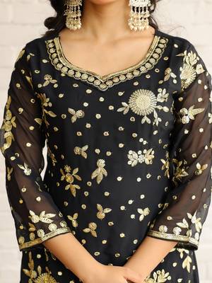 Elegant Black and Gold Embroidered Sharara Suit for Eid - Festive Designer Outfit 3