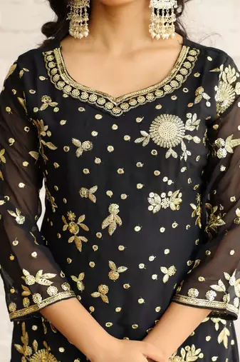 Elegant Black and Gold Embroidered Sharara Suit for Eid - Festive Designer Outfit