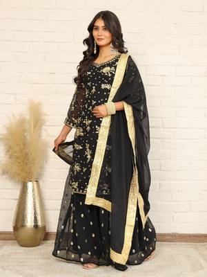 Elegant Black and Gold Embroidered Sharara Suit for Eid - Festive Designer Outfit 5