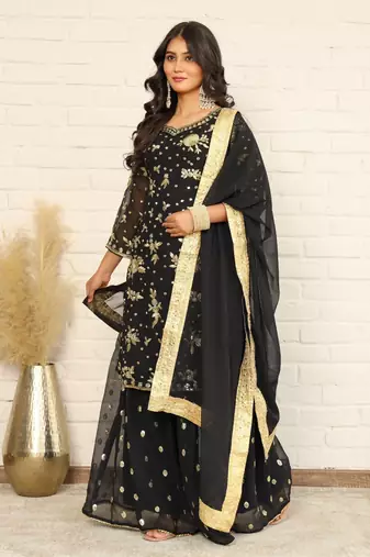 Elegant Black and Gold Embroidered Sharara Suit for Eid - Festive Designer Outfit
