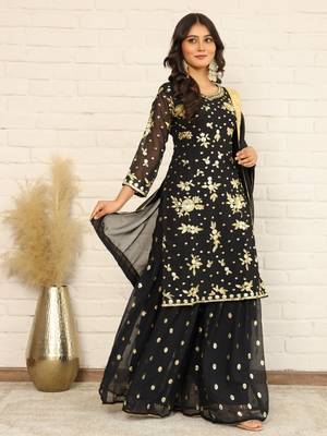 Elegant Black and Gold Embroidered Sharara Suit for Eid - Festive Designer Outfit 6