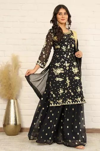 Elegant Black and Gold Embroidered Sharara Suit for Eid - Festive Designer Outfit
