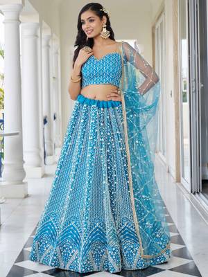skyblue thread work net lehenga set choli with dupatta 1
