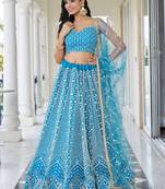 Enchanting SkyBlue Thread Work Net Bridesmaid Lehenga Choli
