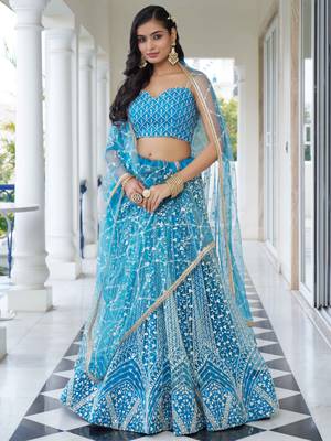 skyblue thread work net lehenga set choli with dupatta 3