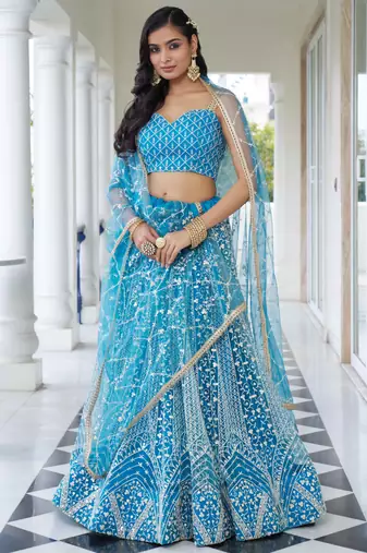 skyblue thread work net lehenga set choli with dupatta