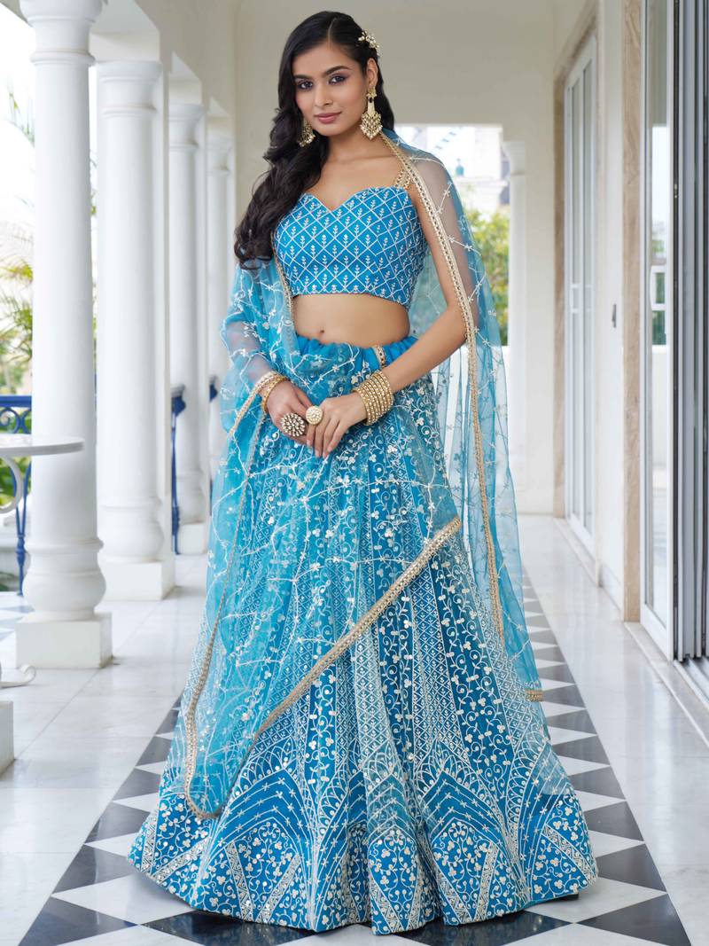 Enchanting SkyBlue Thread Work Net Bridesmaid Lehenga Choli