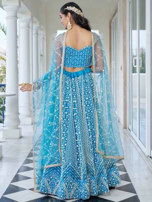 skyblue thread work net lehenga set choli with dupatta 4