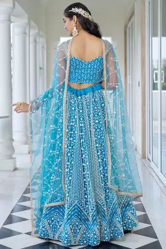 skyblue thread work net lehenga set choli with dupatta