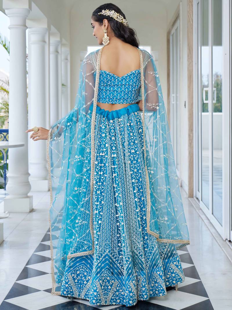 Enchanting SkyBlue Thread Work Net Bridesmaid Lehenga Choli