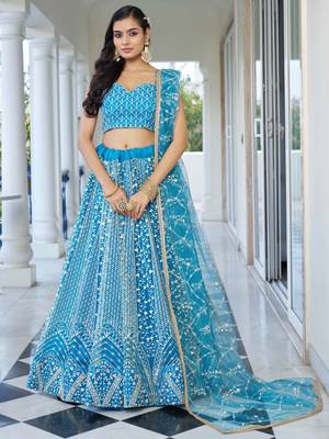 skyblue thread work net lehenga set choli with dupatta 5