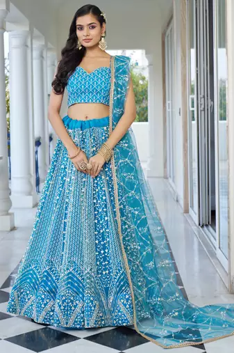 skyblue thread work net lehenga set choli with dupatta